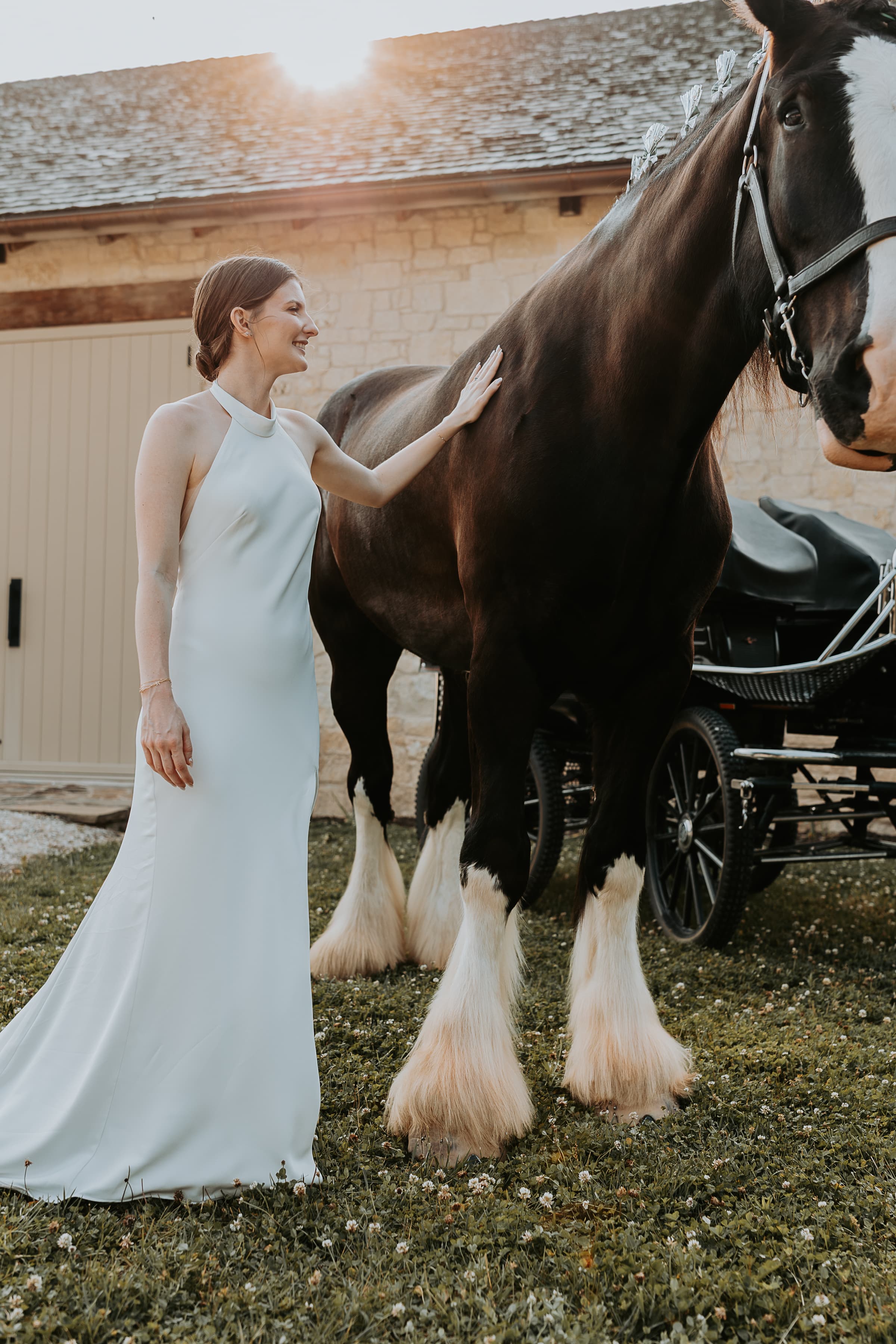 A woman in a flowing white dress gently pets a large horse beside a carriage in a picturesque outdoor setting.