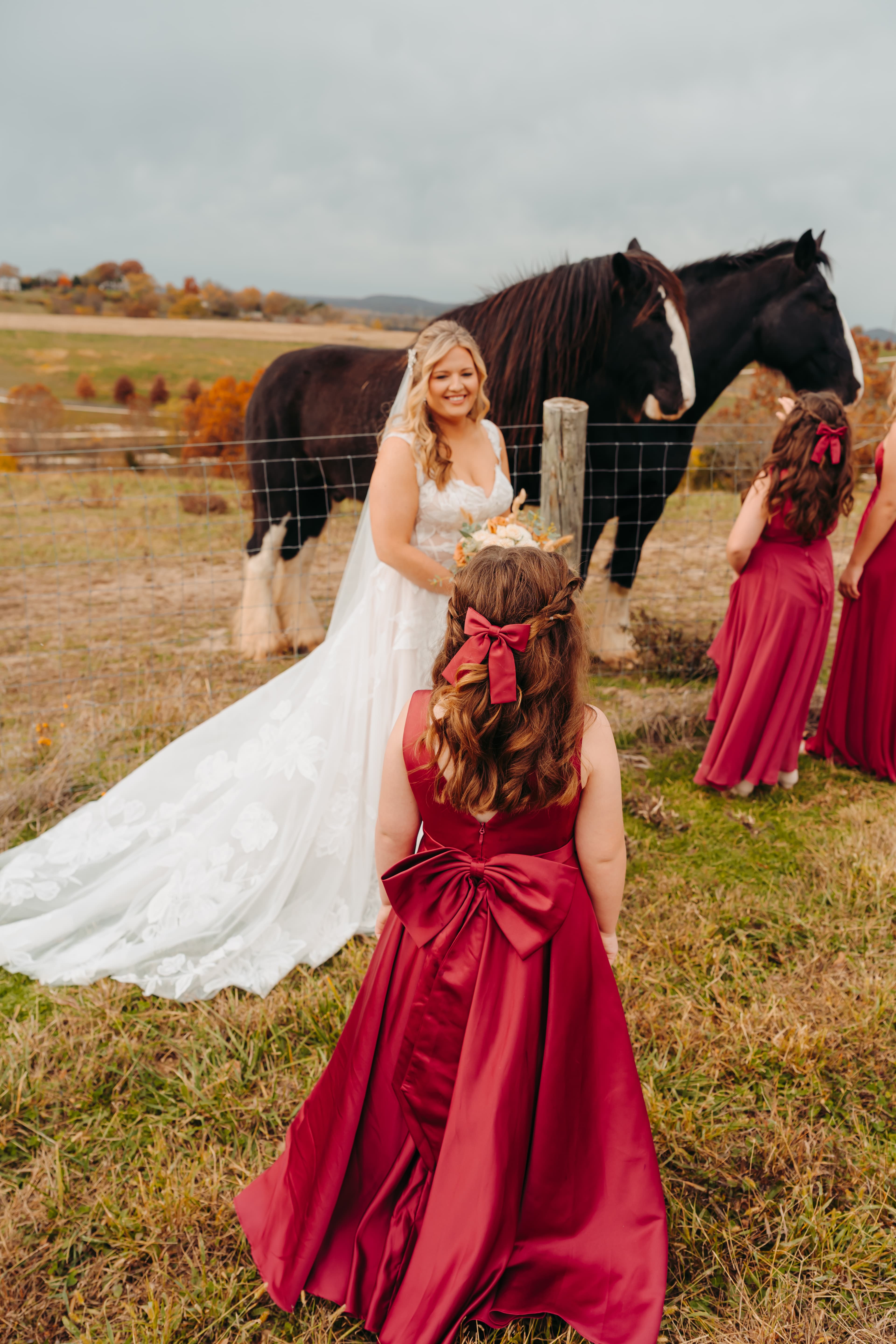 A bride smiles at young bridesmaids in red dresses near two horses in a scenic outdoor setting.